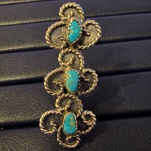 Vintage Handmade Sterling Silver Navajo Turquoise Three Stone Ring Size 8
